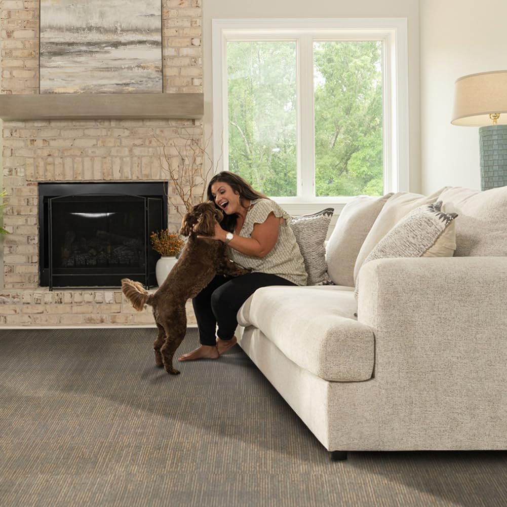 GL Carpet Tiles Reusable 24" x 24" Squares Indoor/Outdoor 0.25" Pile Height Loop Pile, Non Slip Easy DIY Installation Peel and Stick Carpet Tile, (18 Tiles) (72 sqft/Box) (Brown)