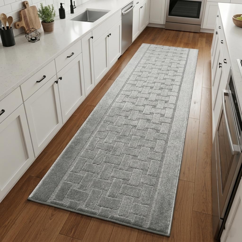 Runner Rug 6 ft, Non-Slip Washable Rug, Grey Textured Carpet for Kitchen Hallway Laundry Entryway, Rubber Backing, Indoor, Rolled in Box (26" x 6'), Custom Size Floor Runner