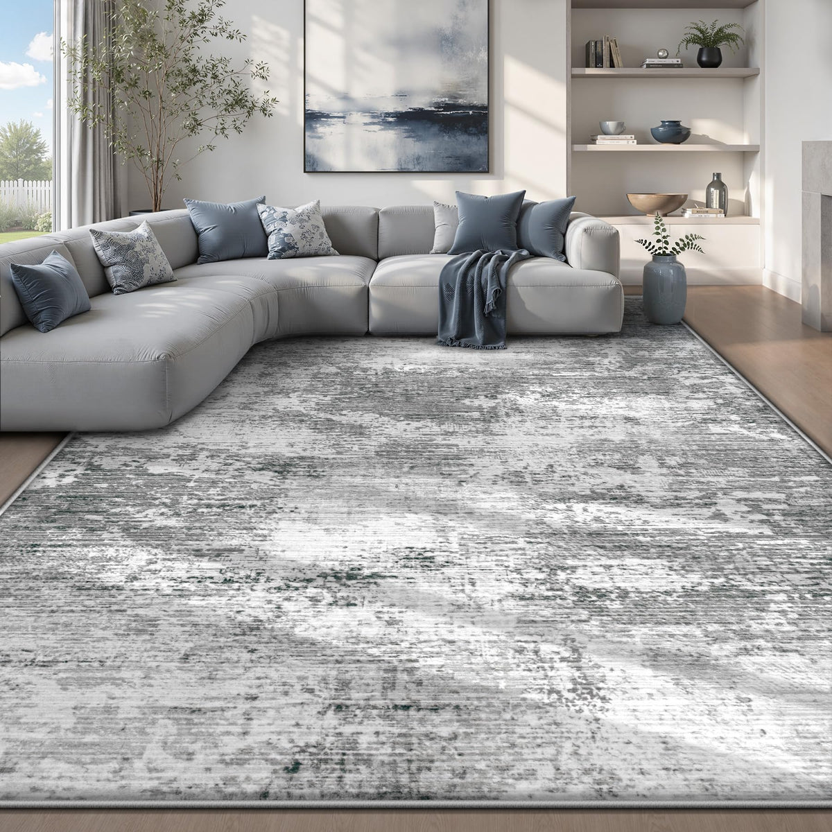 9x12 Area Rugs for Living Room: Washable Modern Abstract Rug Large Neutral Non-Slip Low Pile Indoor Carpet for Bedroom Dining Room Nursery Office (Blue, 9'x12')