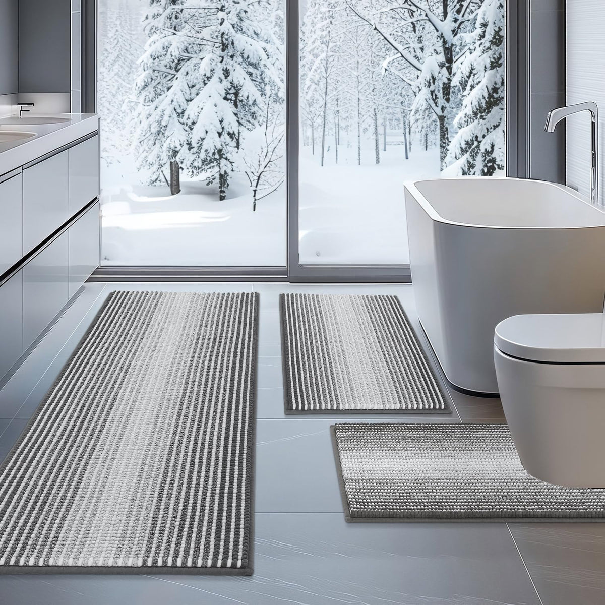 BSICPRO Bathroom Rugs Sets 3 Piece,U-Shaped Toilet Mat Sets,Black and White