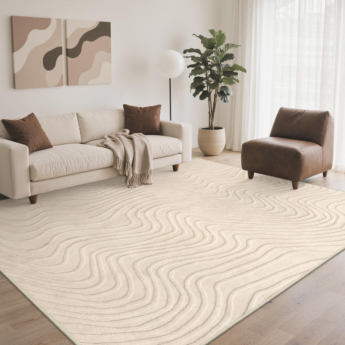 GENIMO Beige Rug 6x9 Washable Area Rugs for Living Room, Soft High Low Pile