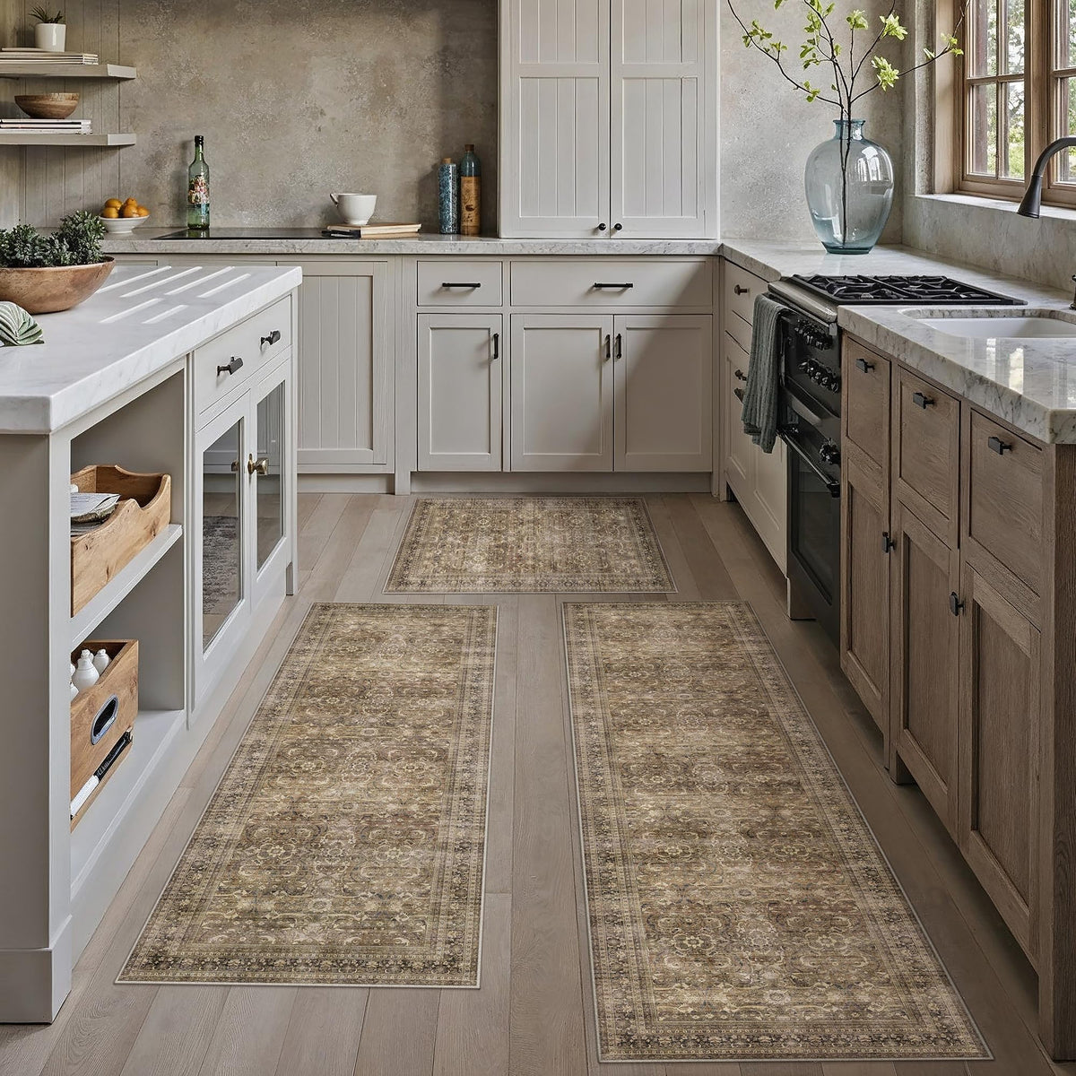 HUGEAR 3-Piece Grey Neutral Kitchen Rug Set