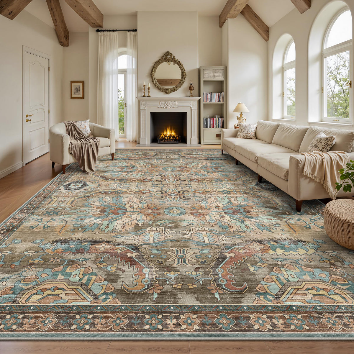 8x10 Area Rugs for Living Room - Washable Vintage Retro Large Rug, Soft Ultra Thin Non Slip Low Pile Traditional Distressed Boho Carpet for Bedroom Dining Room Home Office, Rust Clay