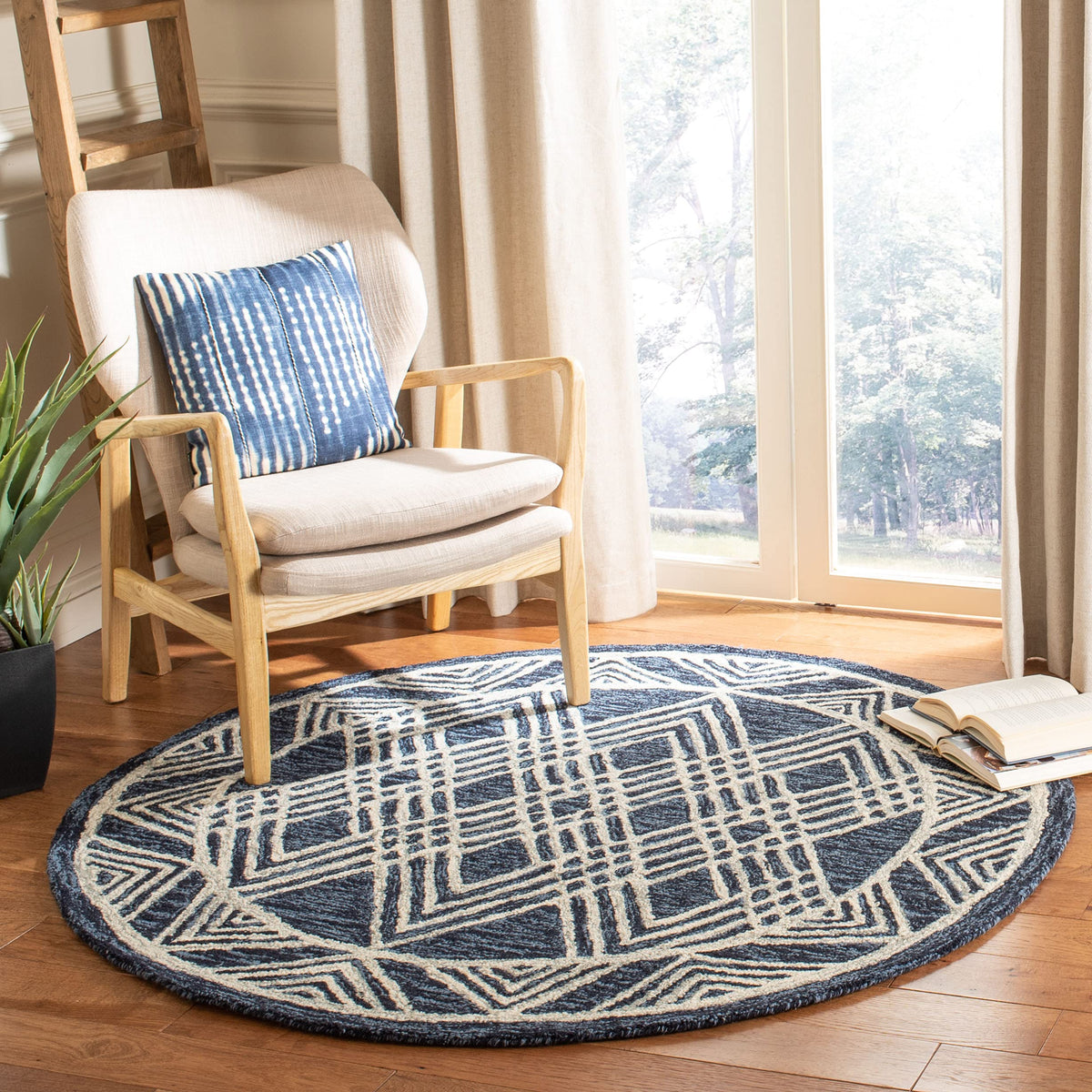 SAFAVIEH Area Rug 8x10 - Micro-Loop Collection - Large - Navy & Ivory, Handmade Wool, Moroccan Tribal Design, Ideal for Living Room, Bedroom, Office, Dining Space (MLP155N)