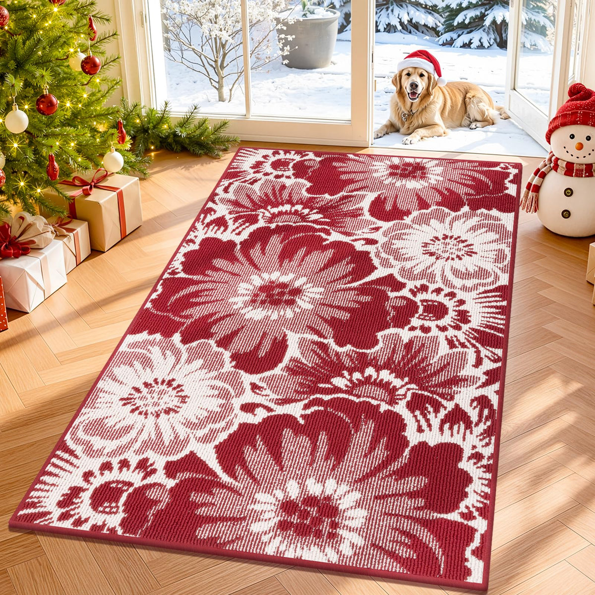 Findosom Hallway Runner Rug 2x6, Non Slip High-Low Textured Floral Washable Runner Rug with Rubber Backing, Boho Carpet Runner for Kitchen, Entryway, Bedroom, Laundry, Black & Beige