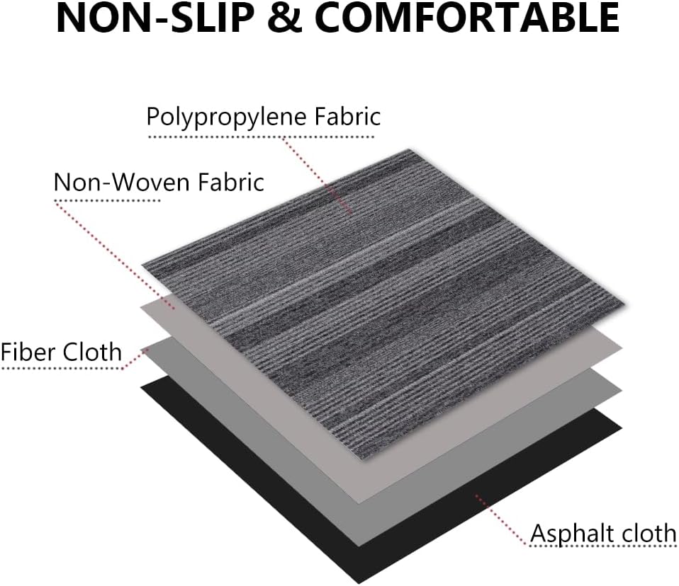 Commercial Carpet Tiles 24"x 24" Reusable Squares, 18 Tiles 72 Sqft Non-Slip Gray Stripe Pattern Loop Pile Seamless DIY Flooring for Office Business Residential Spaces