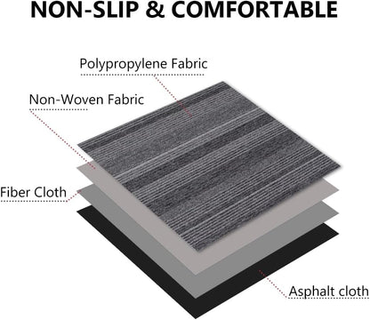 Commercial Carpet Tiles 24"x 24" Reusable Squares, 18 Tiles 72 Sqft Non-Slip Gray Stripe Pattern Loop Pile Seamless DIY Flooring for Office Business Residential Spaces