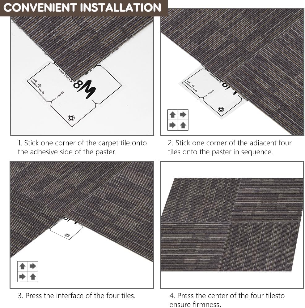 GL Carpet Tiles Reusable 24" x 24" Squares Indoor/Outdoor 0.25" Pile Height Loop Pile, Non Slip Easy DIY Installation Peel and Stick Carpet Tile, (18 Tiles) (72 sqft/Box) (Brown)