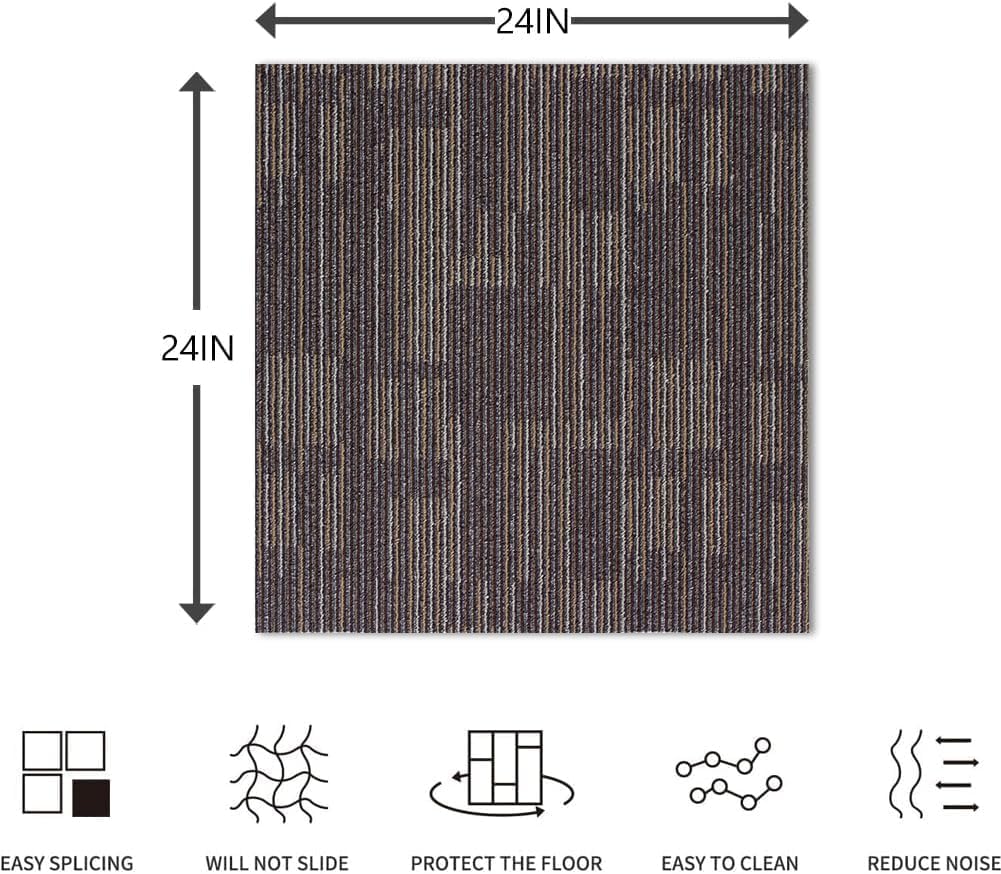 GL Carpet Tiles Reusable 24" x 24" Squares Indoor/Outdoor 0.25" Pile Height Loop Pile, Non Slip Easy DIY Installation Peel and Stick Carpet Tile, (18 Tiles) (72 sqft/Box) (Brown)