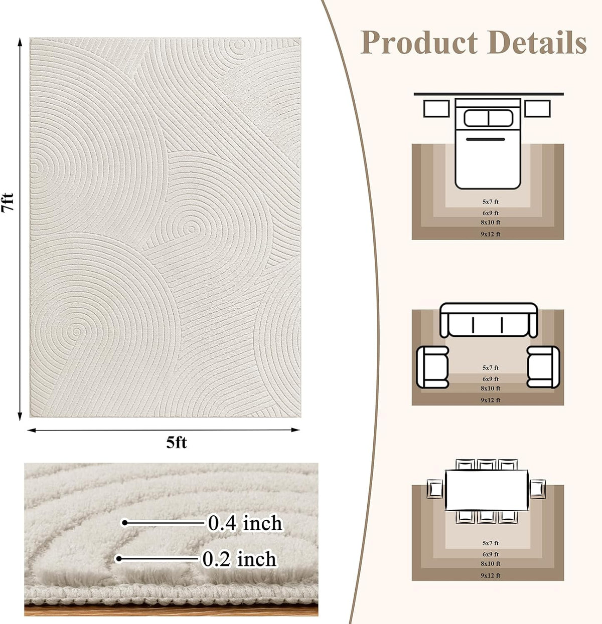 U'Artlines 5x7ft Washable Area Rug for Living Room, Beige