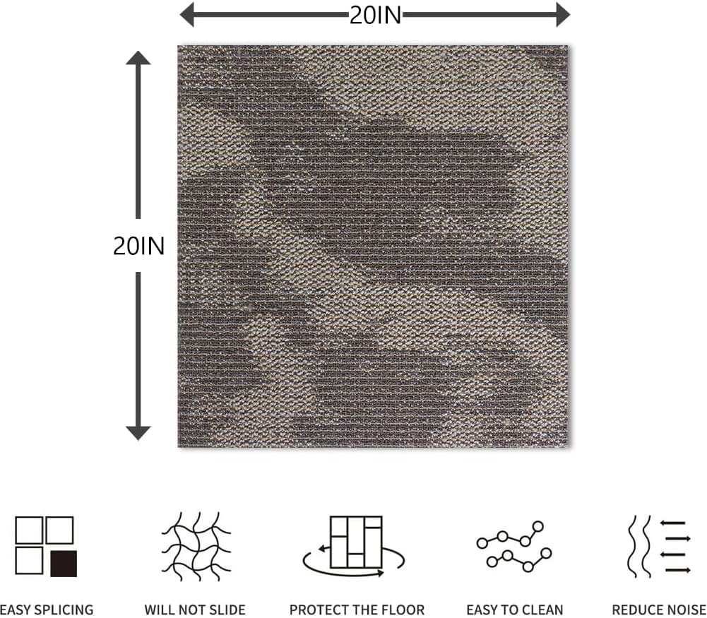 LITA Carpet Tiles Reusable 20" x 20" (50cm x 50cm) Squares Indoor/Outdoor 0.25" Pile Height Loop Pile, Non Slip Easy DIY Installation Peel and Stick Carpet Tile (Brown, 22 Pcs)