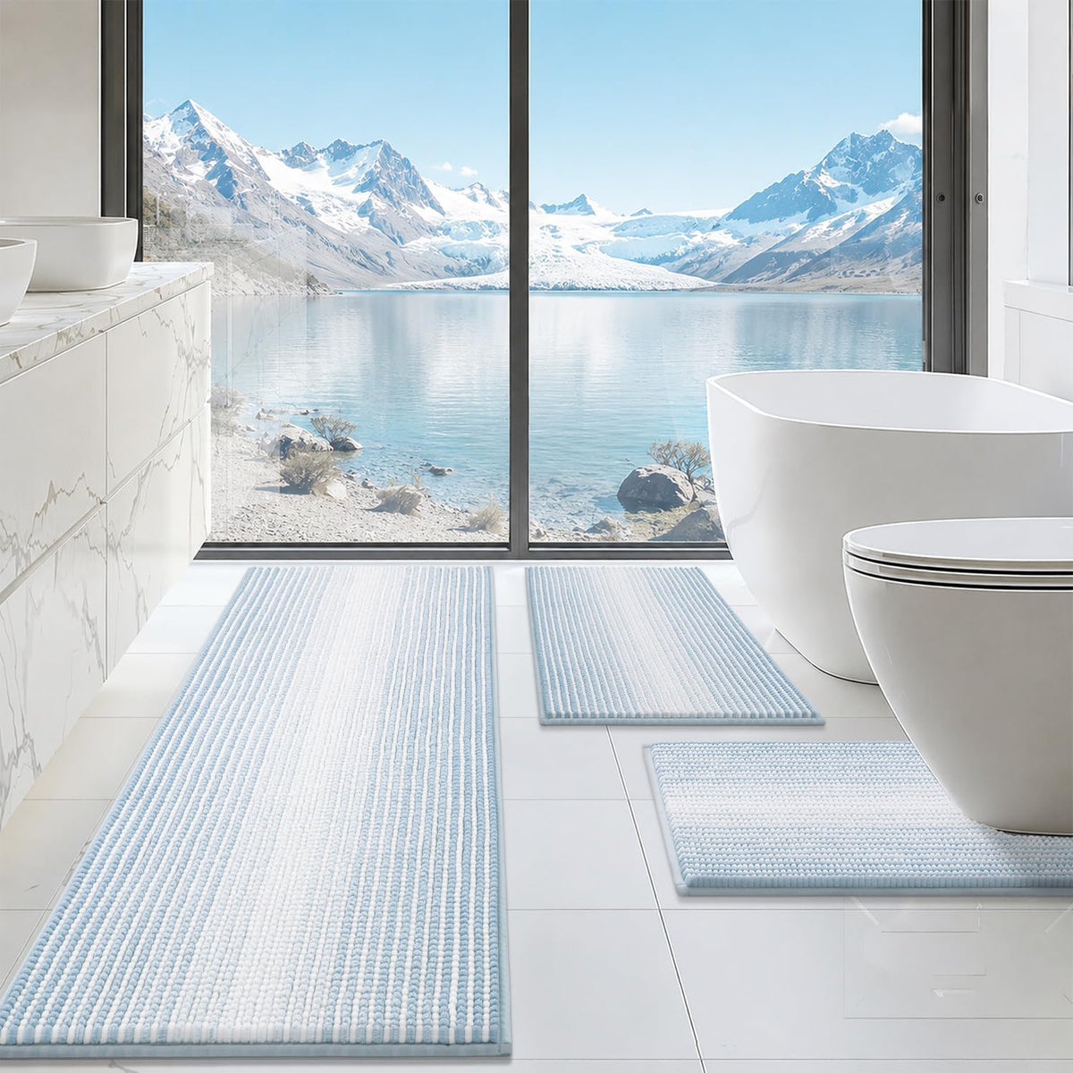 BSICPRO Bathroom Rugs Sets 3 Piece，U-Shaped Toilet Mat Sets，Black and White