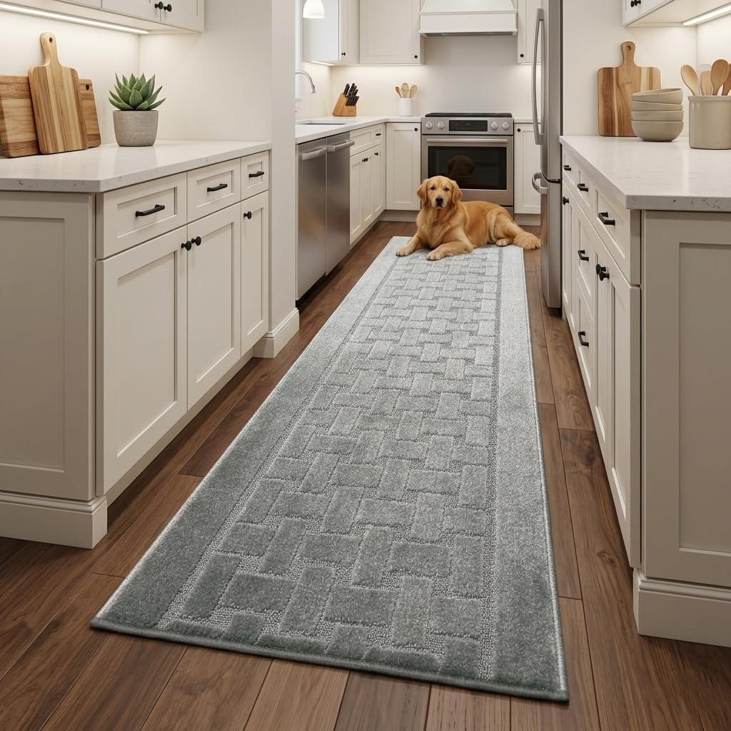 Runner Rug 6 ft, Non-Slip Washable Rug, Grey Textured Carpet for Kitchen Hallway Laundry Entryway, Rubber Backing, Indoor, Rolled in Box (26" x 6'), Custom Size Floor Runner