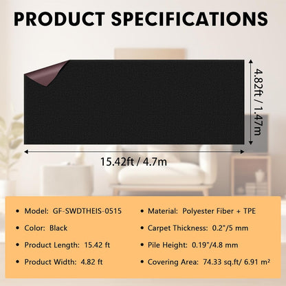 Grefinity Marine Carpet, 5 FT x 15 FT Black Indoor Outdoor Carpet