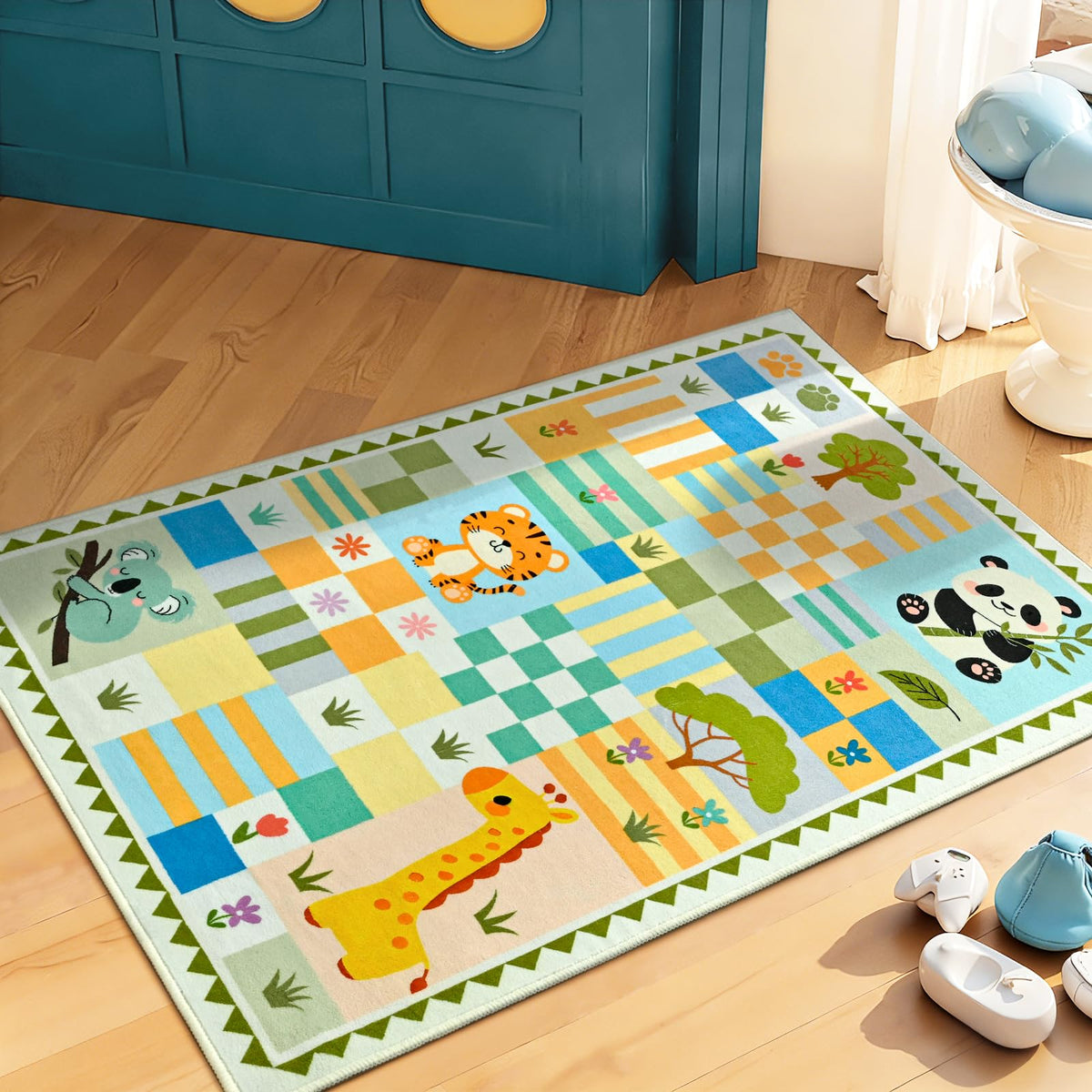 Soft Pink Runner Rug for Girls Bedroom, Washable Non-Slip Hallway Carpet with Cute Colorful Fruit Rainbow Checkered Design, Low Pile Floor Mat
