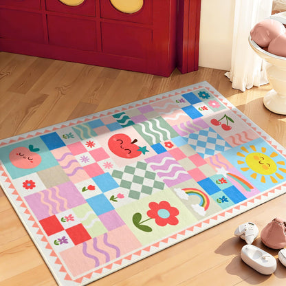 Soft Pink Runner Rug for Girls Bedroom, Washable Non-Slip Hallway Carpet with Cute Colorful Fruit Rainbow Checkered Design, Low Pile Floor Mat
