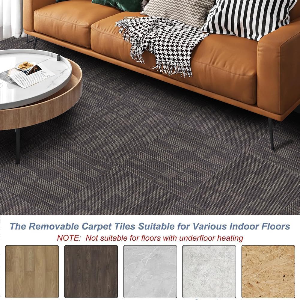 GL Carpet Tiles Reusable 24" x 24" Squares Indoor/Outdoor 0.25" Pile Height Loop Pile, Non Slip Easy DIY Installation Peel and Stick Carpet Tile, (18 Tiles) (72 sqft/Box) (Brown)