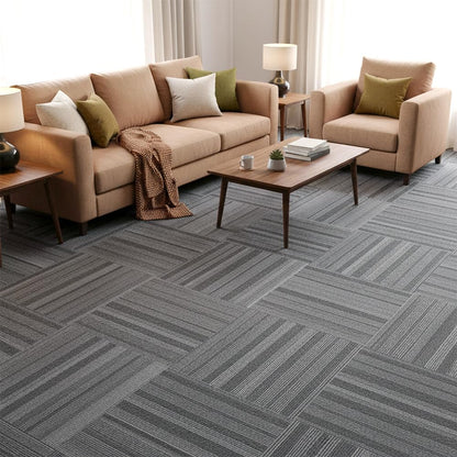 Commercial Carpet Tiles 24"x 24" Reusable Squares, 18 Tiles 72 Sqft Non-Slip Gray Stripe Pattern Loop Pile Seamless DIY Flooring for Office Business Residential Spaces