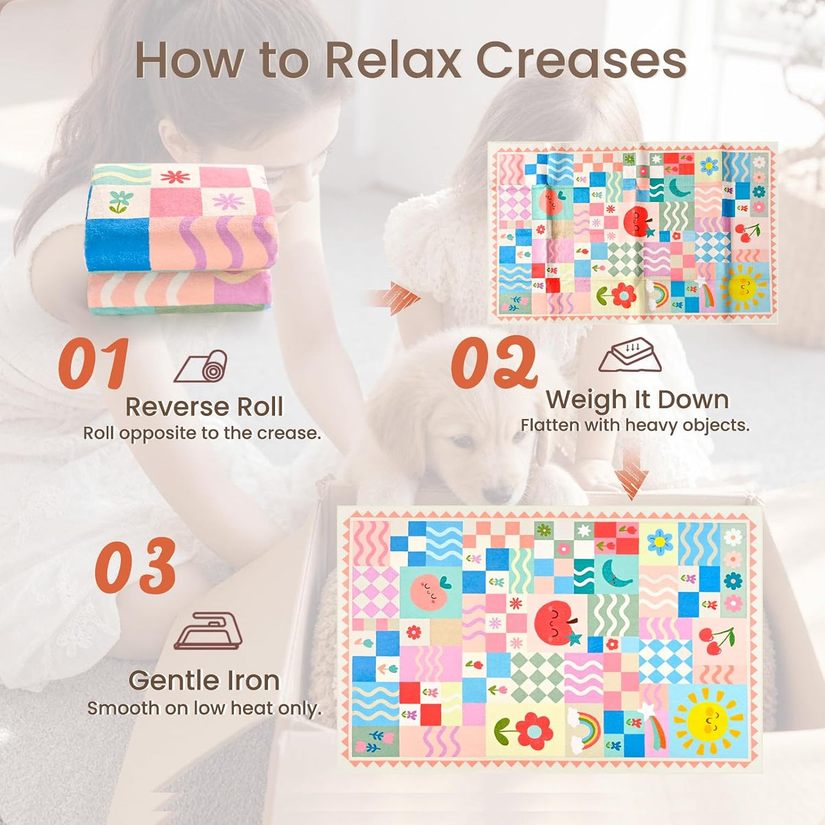 Soft Pink Runner Rug for Girls Bedroom, Washable Non-Slip Hallway Carpet with Cute Colorful Fruit Rainbow Checkered Design, Low Pile Floor Mat