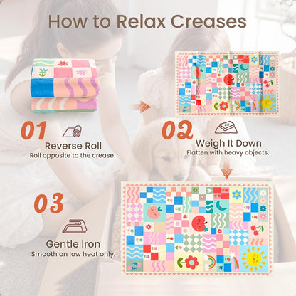 Soft Pink Runner Rug for Girls Bedroom, Washable Non-Slip Hallway Carpet with Cute Colorful Fruit Rainbow Checkered Design, Low Pile Floor Mat