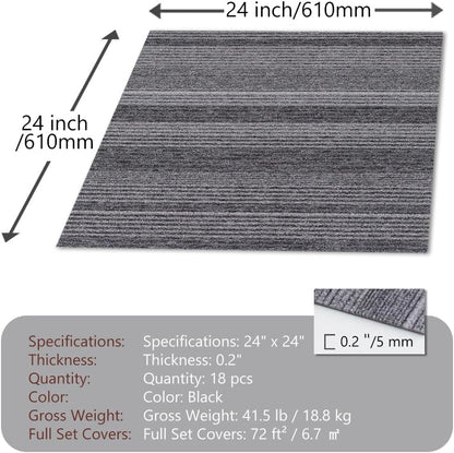 Commercial Carpet Tiles 24"x 24" Reusable Squares, 18 Tiles 72 Sqft Non-Slip Gray Stripe Pattern Loop Pile Seamless DIY Flooring for Office Business Residential Spaces