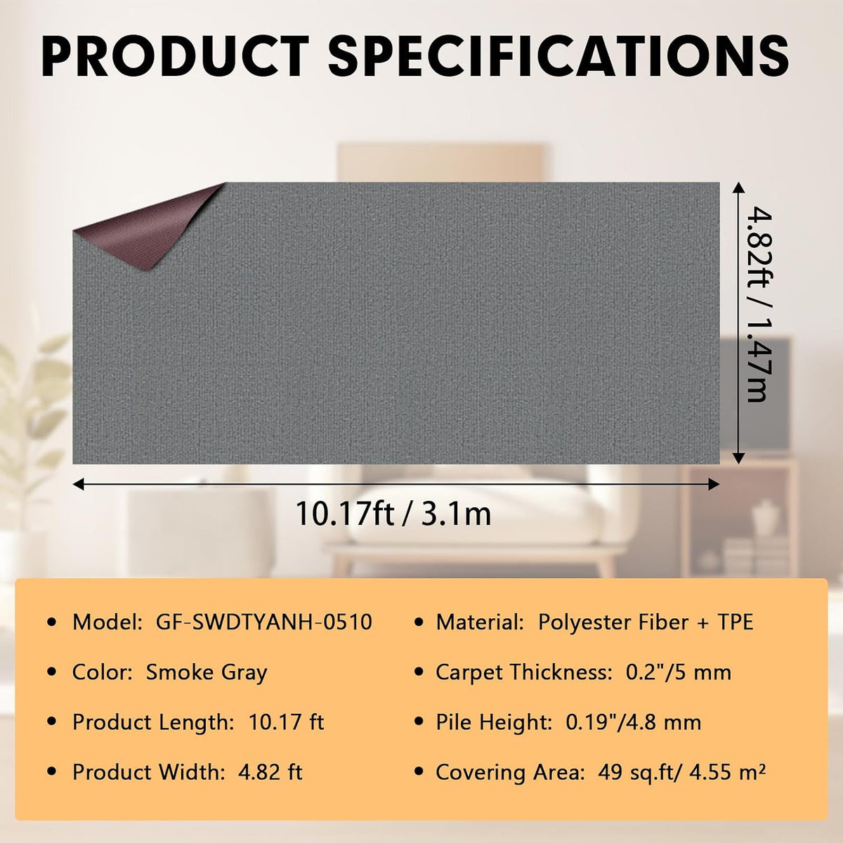 Grefinity Marine Carpet, 5 FT x 10 FT Smoke Gray Indoor Outdoor Carpet
