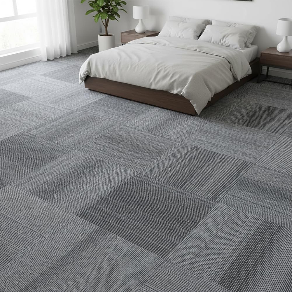 LITA Carpet Tiles Reusable 24" x 24" Squares Indoor/Outdoor 0.25" Pile Height Loop Pile, Non Slip Easy DIY Installation Peel and Stick Carpet Tile, Gray Polypropylene, (18 Tiles) (72 sqft/Box)