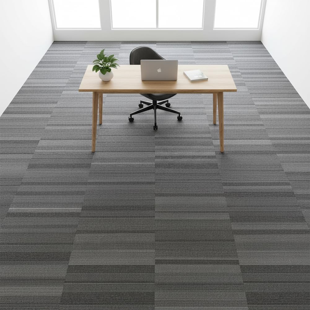Commercial Carpet Tiles 24"x 24" Reusable Squares, 18 Tiles 72 Sqft Non-Slip Gray Stripe Pattern Loop Pile Seamless DIY Flooring for Office Business Residential Spaces