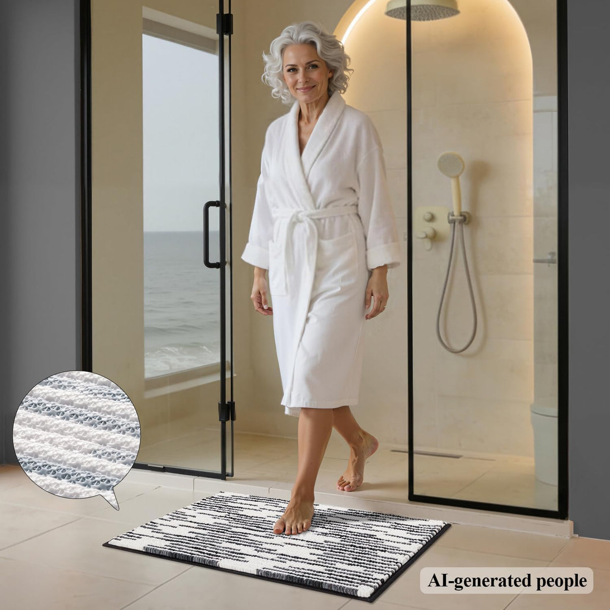 BSICPRO Bathroom Rugs Sets 3 Piece，U-Shaped Toilet Mat Sets，Black and White