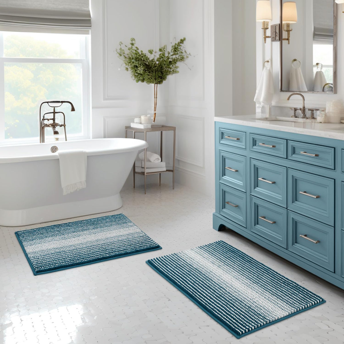BSICPRO Bathroom Rugs Sets 2 Piece, Modern Bath Mat 20"x47"+20"x32", Blue