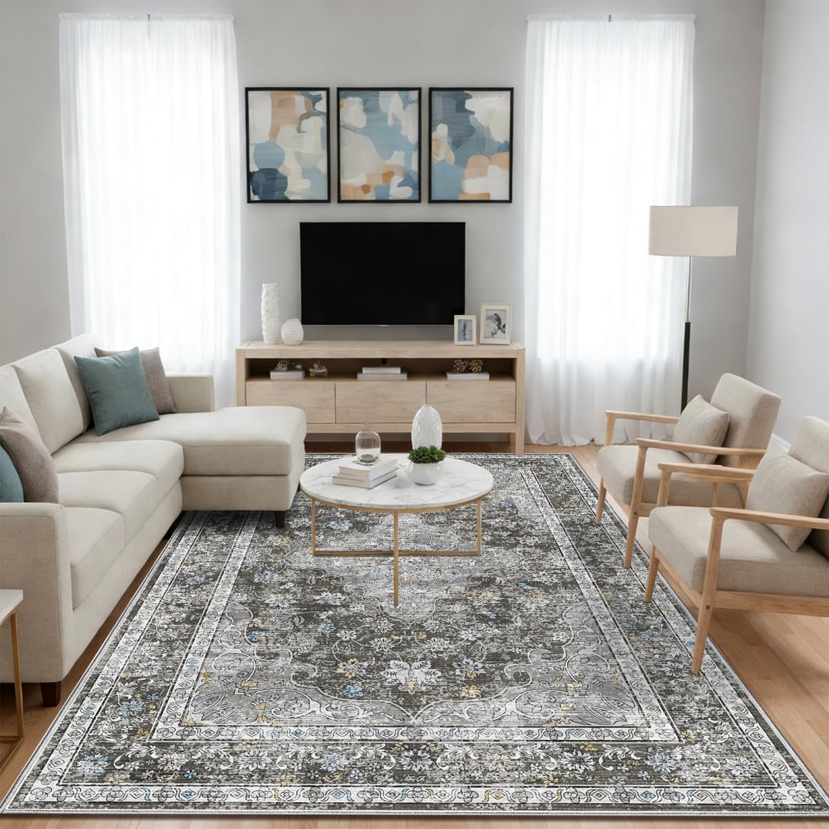 Washable 6x9 Area Rug for Living Room, Non-Slip Large Grey Bedroom Rugs