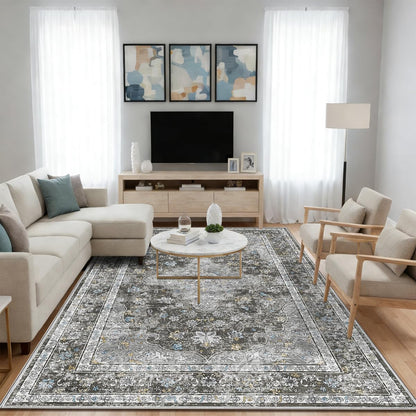 Washable 6x9 Area Rug for Living Room, Non-Slip Large Grey Bedroom Rugs