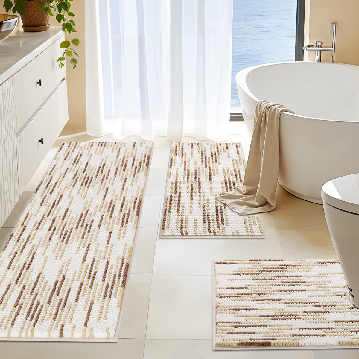 BSICPRO Bathroom Rugs Sets 3 Piece，U-Shaped Toilet Mat Sets，Black and White
