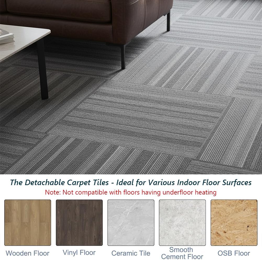 Commercial Carpet Tiles 24"x 24" Reusable Squares, 18 Tiles 72 Sqft Non-Slip Gray Stripe Pattern Loop Pile Seamless DIY Flooring for Office Business Residential Spaces