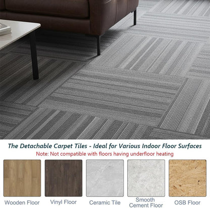 Commercial Carpet Tiles 24"x 24" Reusable Squares, 18 Tiles 72 Sqft Non-Slip Gray Stripe Pattern Loop Pile Seamless DIY Flooring for Office Business Residential Spaces