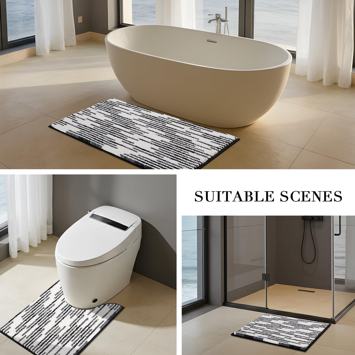 BSICPRO Bathroom Rugs Sets 3 Piece，U-Shaped Toilet Mat Sets，Black and White