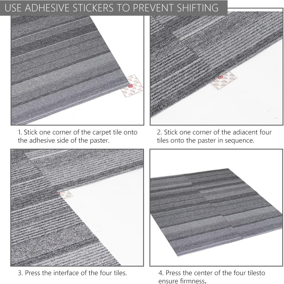 Commercial Carpet Tiles 24"x 24" Reusable Squares, 18 Tiles 72 Sqft Non-Slip Gray Stripe Pattern Loop Pile Seamless DIY Flooring for Office Business Residential Spaces