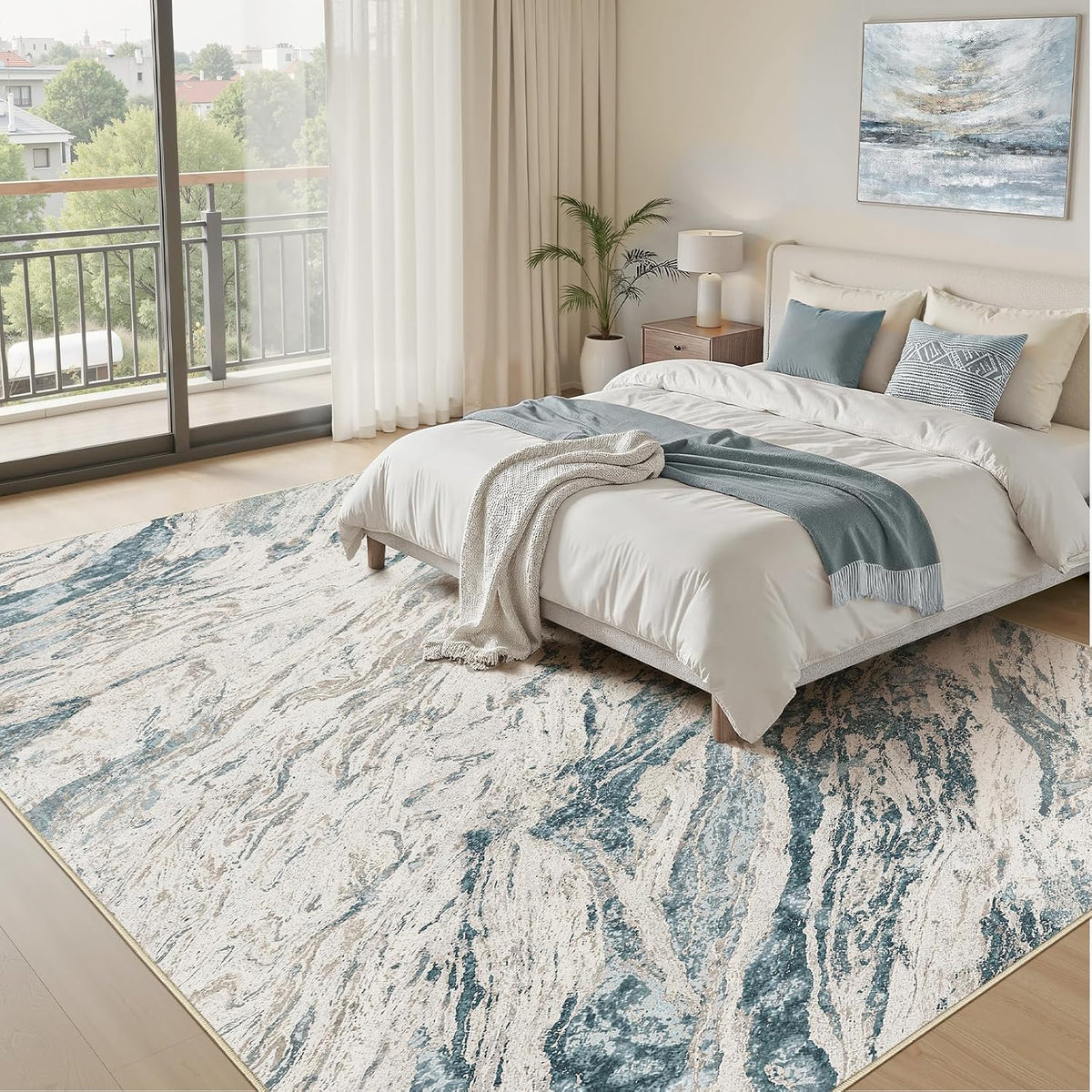 Area Rugs for Living Room: 9X12 Abstract Washable Rug Modern Neutral Large Soft Stain Resistant Non-Slip for Bedroom Dining Room Indoor Home Office Carpet - Blue Brown