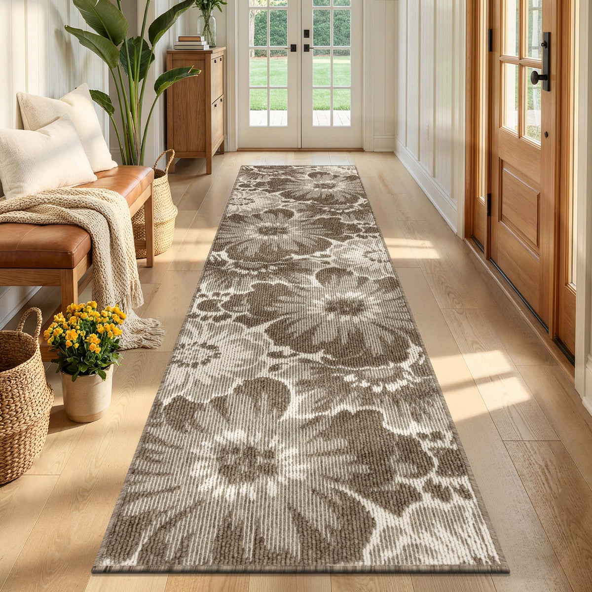 Findosom Hallway Runner Rug 2x6, Non Slip High-Low Textured Floral Washable Runner Rug with Rubber Backing, Boho Carpet Runner for Kitchen, Entryway, Bedroom, Laundry, Black & Beige