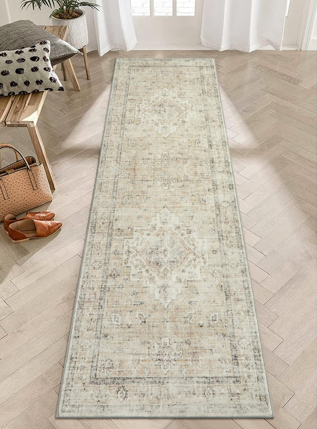 LIVEBOX Washable Area Rug 5x7 Rugs for Living Room Bedroom, Non-Slip Boho Neutral Carpet for Dining Room Office, Low-Pile Farmhouse Soft Carpets for Kids Nursery Room Playroom, Tan