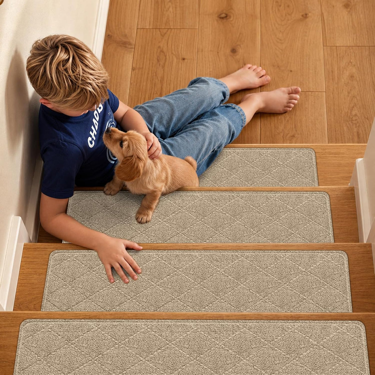 15 Pcs Stair Treads Non-Slip for Wooden Steps, 8"x30" Beige