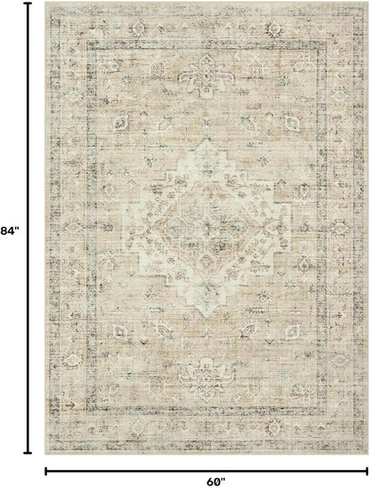 LIVEBOX Washable Area Rug 5x7 Rugs for Living Room Bedroom, Non-Slip Boho Neutral Carpet for Dining Room Office, Low-Pile Farmhouse Soft Carpets for Kids Nursery Room Playroom, Tan