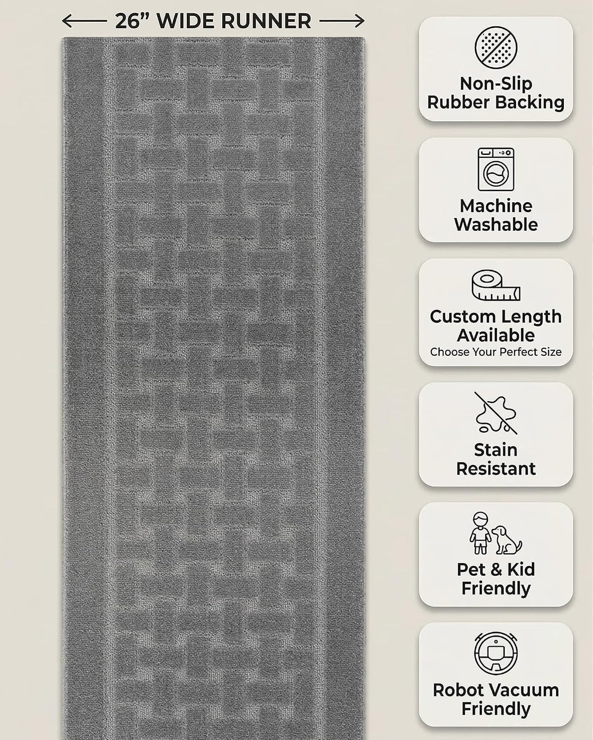 Runner Rug 6 ft, Non-Slip Washable Rug, Grey Textured Carpet for Kitchen Hallway Laundry Entryway, Rubber Backing, Indoor, Rolled in Box (26" x 6'), Custom Size Floor Runner