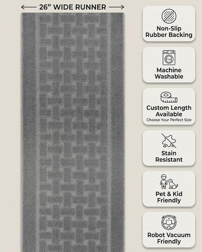 Runner Rug 6 ft, Non-Slip Washable Rug, Grey Textured Carpet for Kitchen Hallway Laundry Entryway, Rubber Backing, Indoor, Rolled in Box (26" x 6'), Custom Size Floor Runner
