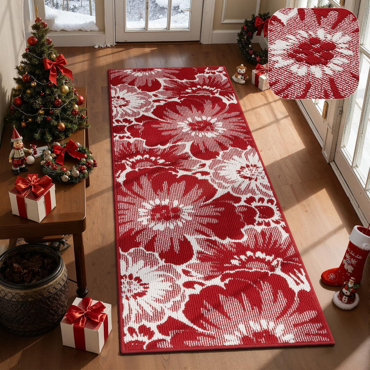 Findosom Hallway Runner Rug 2x6, Non Slip High-Low Textured Floral Washable Runner Rug with Rubber Backing, Boho Carpet Runner for Kitchen, Entryway, Bedroom, Laundry, Black & Beige