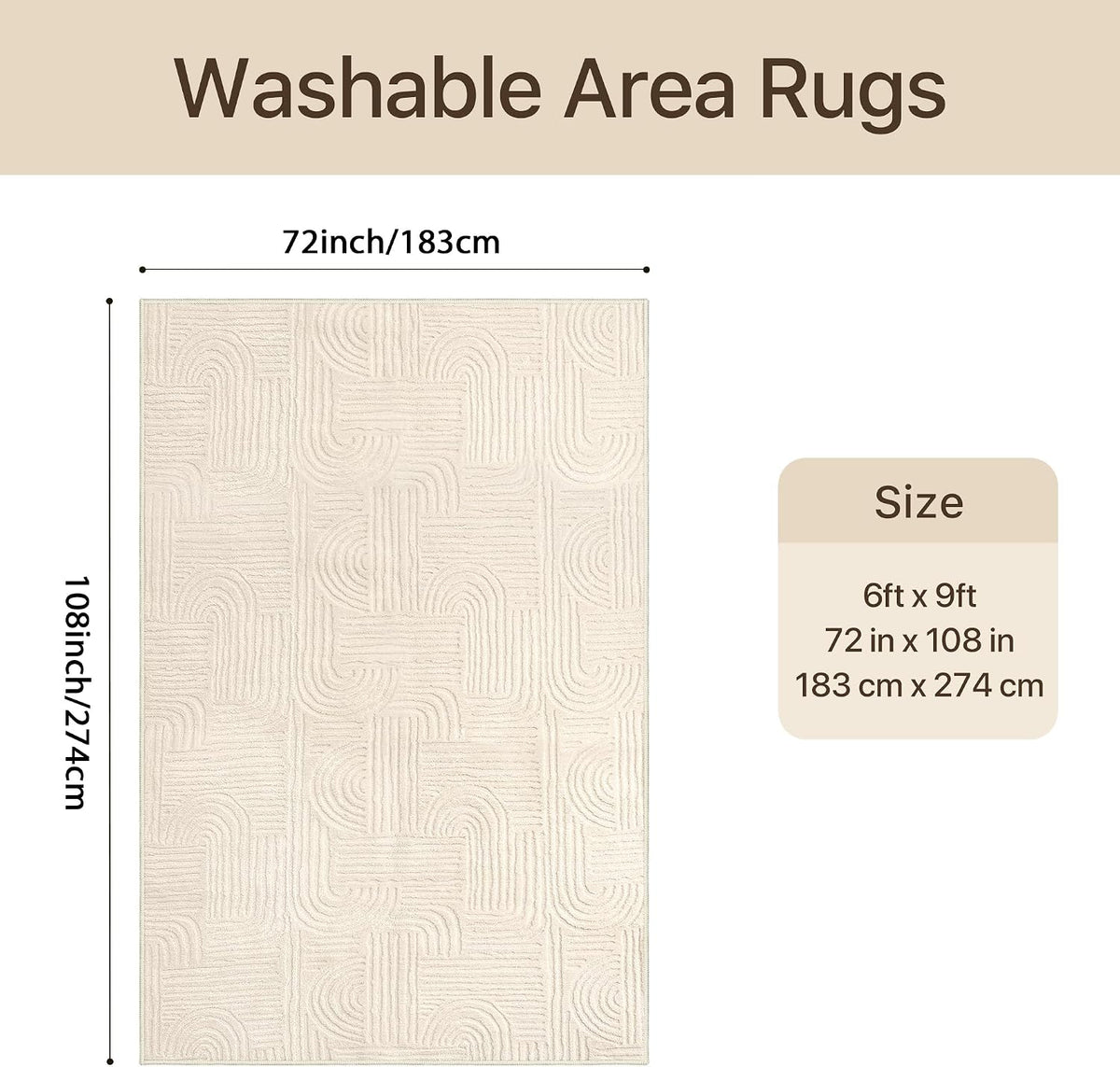 GENIMO Beige Rug 6x9 Washable Area Rugs for Living Room, Soft High Low Pile