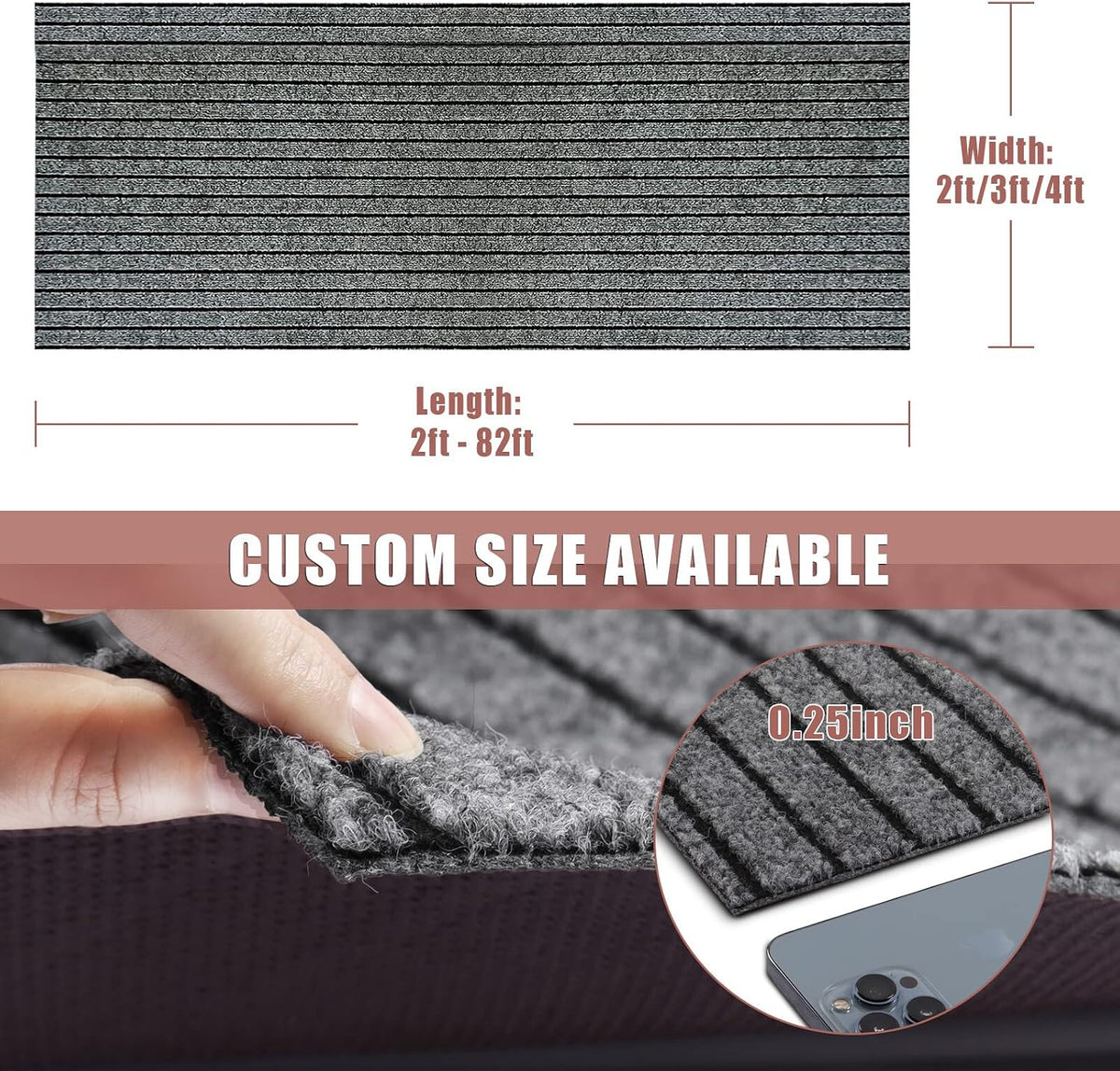 Runner Rug 2 ft x 6 ft Indoor/Outdoor Low Profile, Hallway, Kitchen, Patio, Deck Area, RV, Entryway, Garage, with Non-Slip Rubber Backing, Gray with Black Stripe, Custom