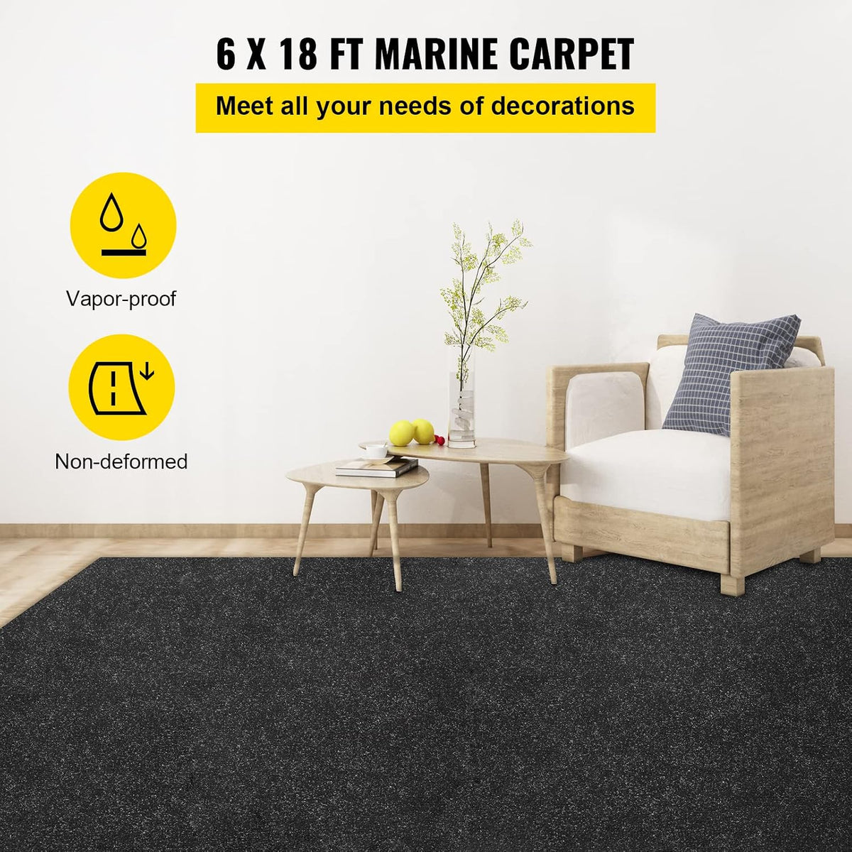 Happybuy 6 ft x 18 ft Charcoal Black Marine Carpet for Boats Waterproof - 0.18" Thick Indoor Outdoor Rug Carpet Roll for Home Patio Porch Deck