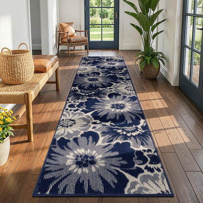Findosom Hallway Runner Rug 2x6, Non Slip High-Low Textured Floral Washable Runner Rug with Rubber Backing, Boho Carpet Runner for Kitchen, Entryway, Bedroom, Laundry, Black & Beige