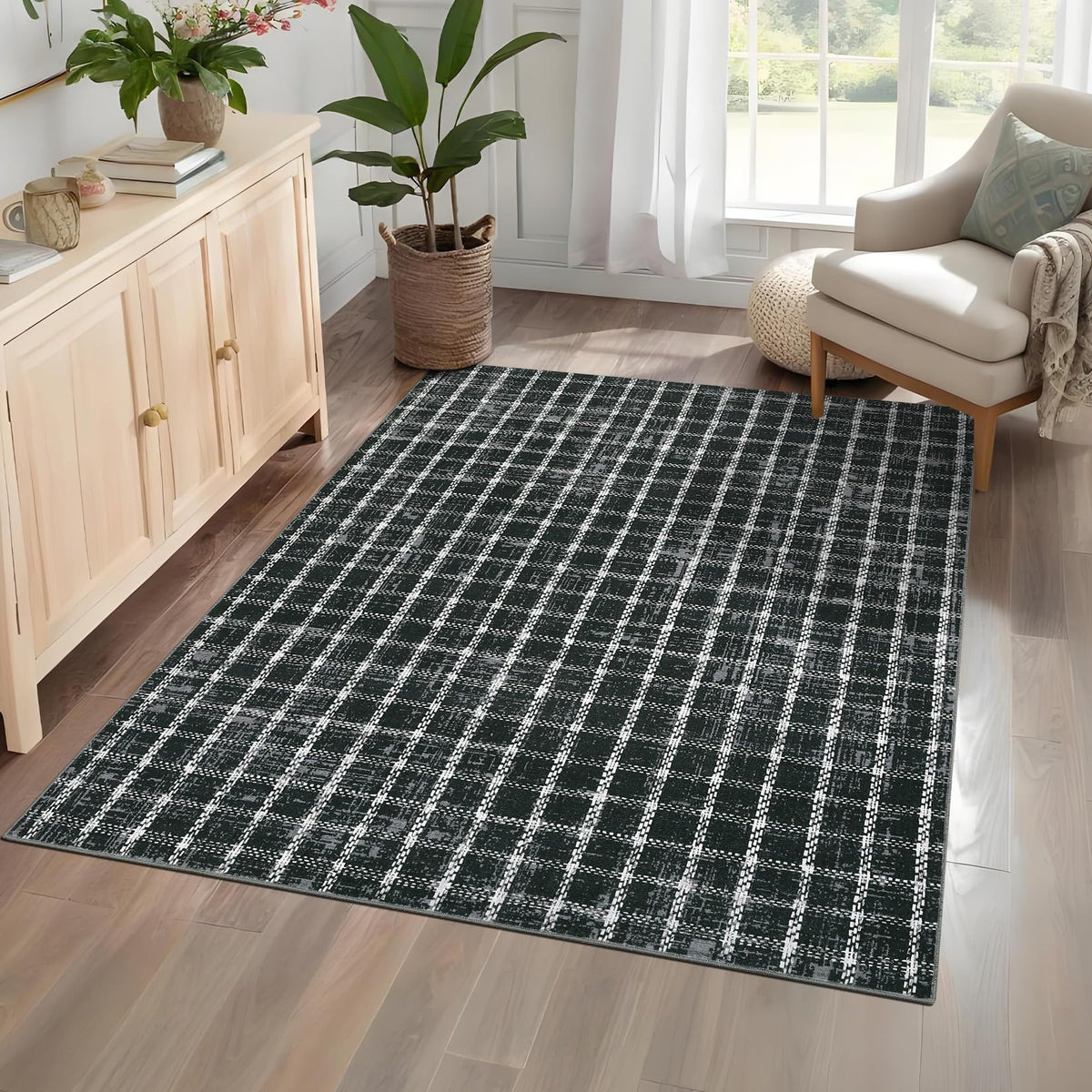 ROYHOME 6x9 Area Rug for Living Room Washable Khaki Brown Checkered Rugs